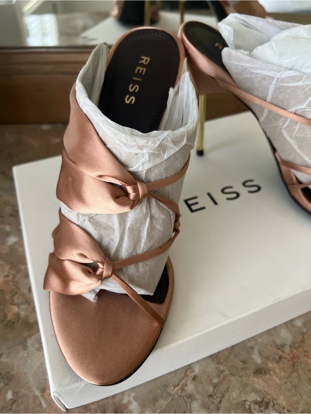 Reiss Rose Gold Satin Bow Slide Heels - Picture 5 of 9
